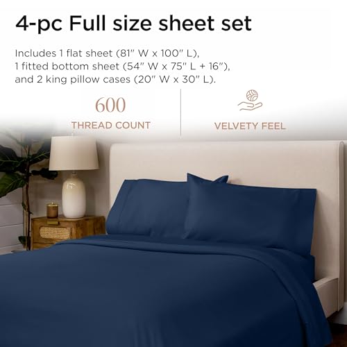 Threadmill 100% Cotton Sheets for Full Size Bed - 600 Thread Count Full Bed Sheets Set with 16” Deep Pocket - Sateen Weave 4-Piece Bedding Set with Cooling Effect, Folkstone Blue - color: Folkstone Blue Solid, size: Full