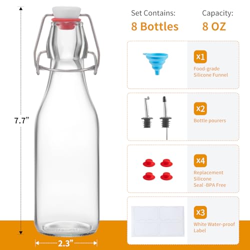 8 Set, 8 OZ Swing Top Glass Bottles - Vanilla Extract Bottles Flip Top Beer Brewing Bottles with Stopper for Syrup Bottle,Kombucha,Mead Kefir,Extract,Juice,Tea,Wine - Airtight Cap Lids