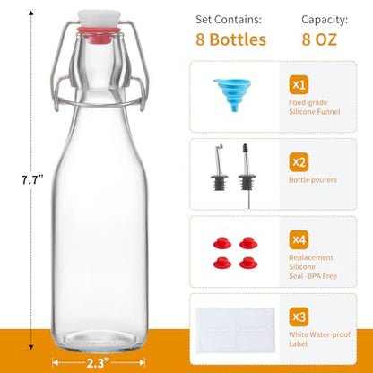 8 Set, 8 OZ Swing Top Glass Bottles - Vanilla Extract Bottles Flip Top Beer Brewing Bottles with Stopper for Syrup Bottle,Kombucha,Mead Kefir,Extract,Juice,Tea,Wine - Airtight Cap Lids