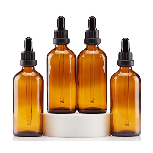 YIZHAO Amber Glass Dropper Bottle 4oz, Tincture Bottles with Glass Dropper, for Essential Oils, Aromatherapy, Cosmetic, Laboratory, Pharmacy, Liquids, Travel –4 Pcs - color: Amber, size: 100ml-4
