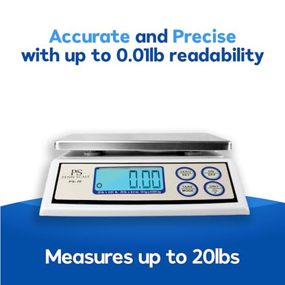 Penn Scale PS-20 Digital Kitchen Portion Scale - 20lb Electric Kitchen Scale with 0.01lb Readability - Removable Platter & LCD Display - KG, Lb, & Oz Unit Conversion (AC & Battery Powered)