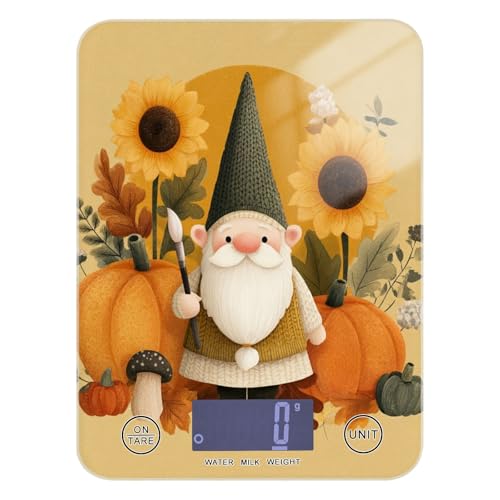Fall Gnome Pumkin Sunflowers Thanksgiving Food Scale Kitchen Digital Scale Food Ounces and Grams Dieting Baking Cooking Waterproof Glass Panels LCD Display,4 Units Tare Function - color: Fall Gnome Pumkin Sunflowers Thanksgiving