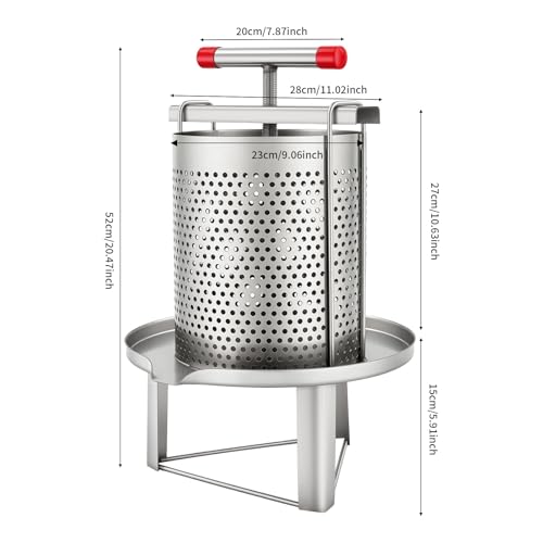 Manual Honey Extractor Press, 2.6 Gal Stainless Steel Honey Strainer with T-Handle, Heavy Duty Beekeeping Extraction for Beeswax Fruit Juice, Silver