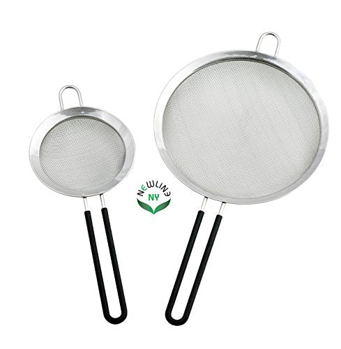 Premium Double Stainless Steel Fine Mesh Strainers with Soft-touch Anti-slip Silicone-coated Handle 2 pcs Set