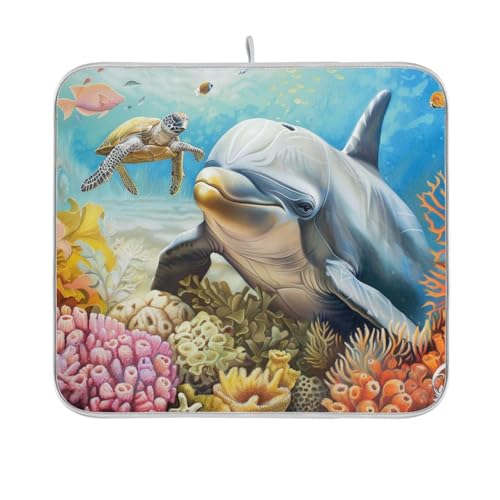 Sea Coral Dolphin Turtle Dish Drying Mat for Kitchen Counter Microfiber Absorbent Dish Drainer Rack Mat Small Kitchen Drying Mat Heat Resistant Drying Pad for Counter 18x16 - color: Dolphins Ocean Wave Sun Beige, size: 16x18in