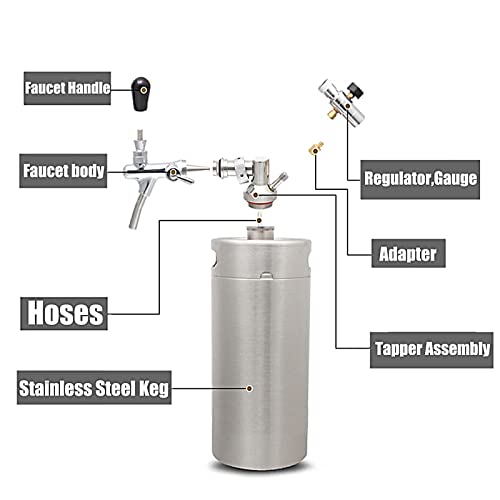 Portable Draft Keg System Stainless Steel Keg Mini Keg Draft System Stainless Steel Portable Mini Keg Dispenser Pressure Regulator Craft Beer Draft Home Brew,3.6L