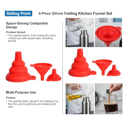 4 Pack Silicone Collapsible Kitchen Funnel for Water Beer Oil Filling Bottles ，Foldable Silicone Funnel Set – Collapsible Small & Large Funnels, Water Bottles & Liquid Transfer – Food Grade（red） - color: red