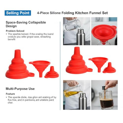 4 Pack Silicone Collapsible Kitchen Funnel for Water Beer Oil Filling Bottles ，Foldable Silicone Funnel Set – Collapsible Small & Large Funnels, Water Bottles & Liquid Transfer – Food Grade（red） - color: red