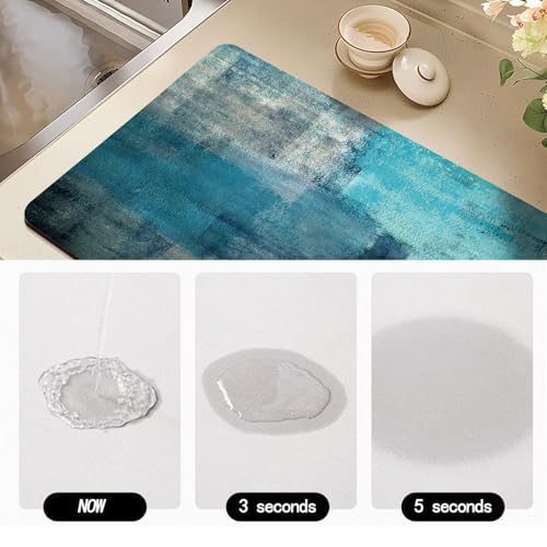 Dish Drying Mat for Kitchen Counter, Teal and Grey Abstract Art, Absorbent Quick Dry Pad with Rubber Backing, Draining Mat Dish Rack Pad for Dishes, Utensils, Countertops, Sinks 12" x 20 - color: Teal and Grey
