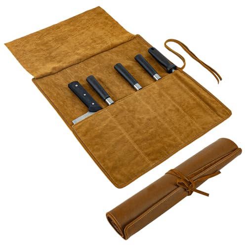 Genuine Leather Knife Roll, Knife Bags for Chefs Professional, Small Chef'S Knife,Knives Holders Protectors with 5 Slots - color: 5 Slots Dark Brown