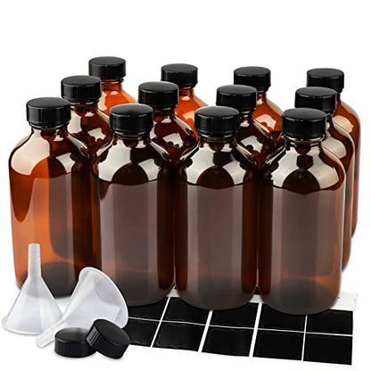 PINIWON 12 Pack 8 oz Amber Glass Bottles, 240ml Boston Round Sample Bottles with Black Poly Cone Caps, Labels and Funnels - color: Amber-12 pack
