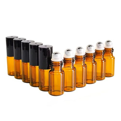 50 PCS 3ml Amber Glass Roller Bottle,Essential Oil Sample Vials with Stainless Steel Roller Ball,Black Caps,for Travel Perfume Cosmetics Small Container(2 Funnels, 2 Dropper, 1 Opener) (3ml) - size: 3ml