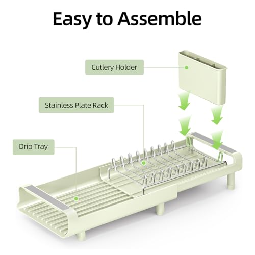 TOOLF Small Dish Drying Rack, Mini Expandable Compact Dish Rack, Slim Extendable Stainless Steel Dish Drainer for Kitchen Countertop, Space Saving Dish Strainer, Soft Celery Green - color: Soft Celery Green