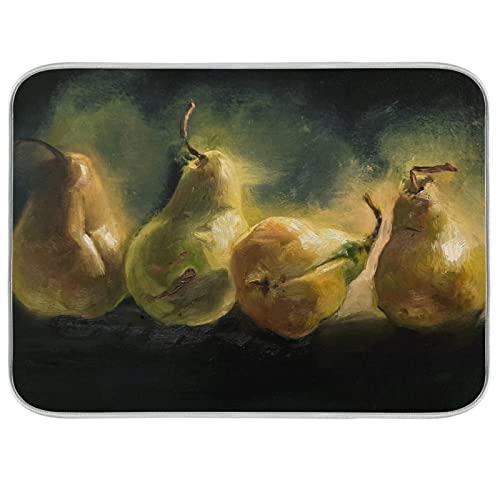 Absorbent Dish Drying Mat for Kitchen Counter - Yellow Pear Oil Painting Microfiber Drying Pad, Reversible Drainer Mats for Countertop, Medium 16 x 18 inch - color: 15 Yellow pears on black oil painting, size: M