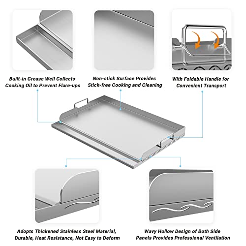 Skyflame Universal Stainless Steel Griddle Plate with Even Heating Bracing for BBQ Charcoal/Gas Grills, 23" x 16" Rectangular Hibachi Flat Top Griddle for Indoor/Outdoor Cooking - size: 23" x 16" x 2.2"