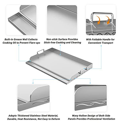 Skyflame Universal Stainless Steel Griddle Plate with Even Heating Bracing for BBQ Charcoal/Gas Grills, 23" x 16" Rectangular Hibachi Flat Top Griddle for Indoor/Outdoor Cooking - size: 23" x 16" x 2.2"
