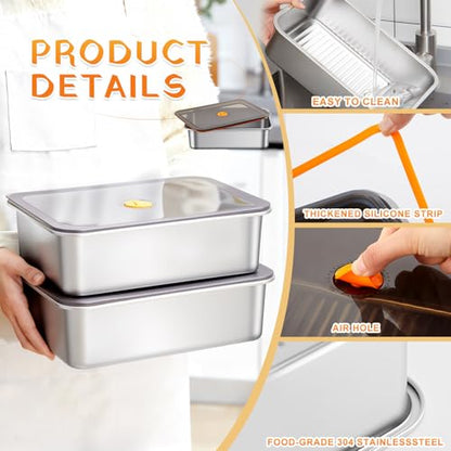 Reallnaive 2 Pcs Stainless Steel Marinade Containers with Lid, 5.6 Qt Metal Meat Brining Containers, Brining Prepstorage Box Dishwasher Safe Bpa Free for BBQ Tailgates Storage - size: 5.6 Qt