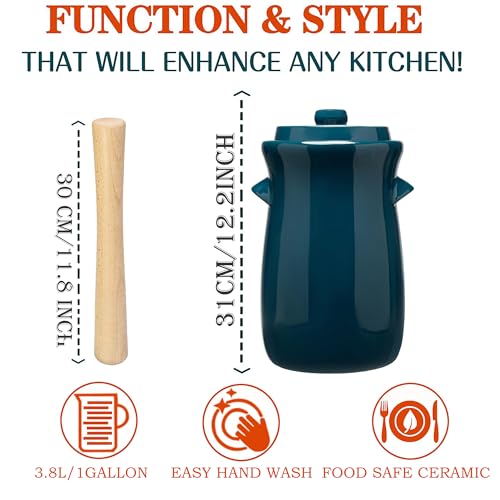 Fermentation Crock 3.8Liter/1 Gallon Stoneware Pot for Fermenting, Pickling Kimchi, Pickles, Vegetables, Kombucha - Glazed Fermenter with Stone Weights, Lid & Pickle Tamper-Blue Crock