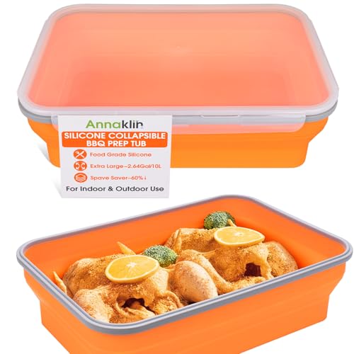 Silicone Collapsible Marinating Container with Lid for Meat, 2.64Gal/10L, Extra Large Collapsible BBQ Prep Tub, Transparent Locking Lid, XL Grill Prep Trays and Carry System, BBQ Must-Have, Orange - color: Orange | 1 Pack | 2.64 Gal