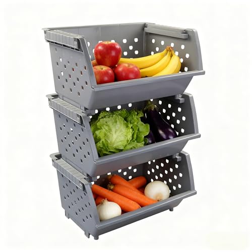 Stackable Storage Bins for Pantry Organizers and Storage 3 Pack, Pantry Storage Basket for Office, Garage, Kitchen and Home Organization (Grey)