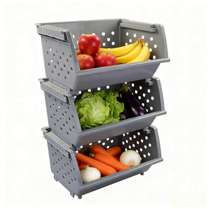 Stackable Storage Bins for Pantry Organizers and Storage 3 Pack, Pantry Storage Basket for Office, Garage, Kitchen and Home Organization (Grey)