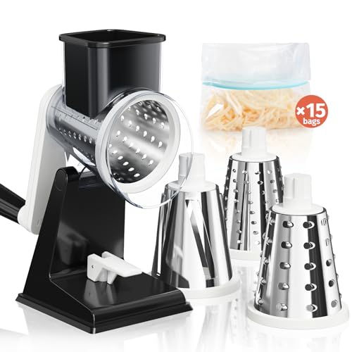 Rotary Cheese Grater, Upgraded Hand Crank Cheese Shredder with 3 Interchangeable Blades, Multi-purpose Kitchen Slicer Shredder for Cheese, Vegetable, Fruit, Nuts, Easy to Use & Clean, Black - color: Black