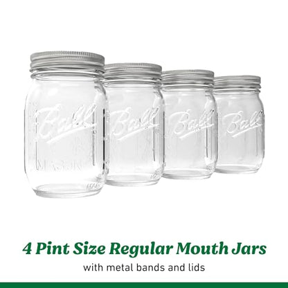 Ball Regular Mouth Pint 16oz. Glass Mason Jar with Lids and Bands, 4 Count - size: 16oz (4-Pack)