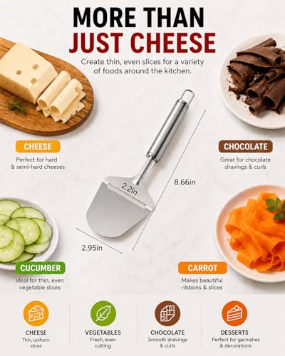 Stainless Steel Cheese Slicer for Block Cheese, Cheese Plane Cutter | No Wires to Replace • Smooth Cutting • Easy to Use • Ideal for Charcuterie Boards • Less Food Waste • Dishwasher Safe
