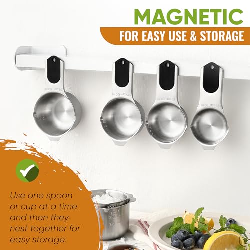 Spring Chef Magnetic Measuring Cups & Spoons Set, Patented, Strong N45 Magnets, Heavy Duty Stainless Steel Fits in Spice Jars for Baking & Cooking, BPA Free, Round Set of 15 with Leveler, Black - color: Black, size: Set of 15