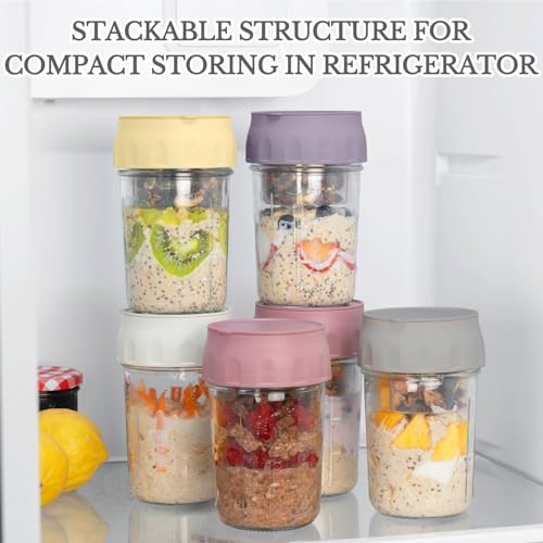 SOLIGT 2 Pack Overnight Oats Containers with Lids, Folding Spoons and Divided Compartments for Fruit & Nuts, Small Glass 16oz Mason Jars for Oatmeal Yogurt Parfait - color: 2 Set-Oat White/Wisteria Purple