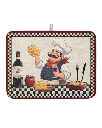 Retro Cartoon Chef Dish Drying Mat 1 Pack, Vintage Wine Cheese Farmhouse Traditional Black Plaid Absorbent Heat Insulating Kitchen Drying Pad Drainer Mats for Sink Counter Pot Dishes 18 X 24 Inch - size: 1PCS 18 x 24 inch