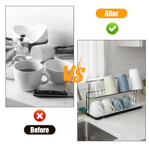 2-Tier Bottle Drying Rack Cup Cradle Storage with Drain Removable Tray Mug Organizer Over Sink Instant Dry Small Dish Dryer for Kitchen Countertop Water Bottles and Tumblers,Coffee Mugs, Glasses 15.7“