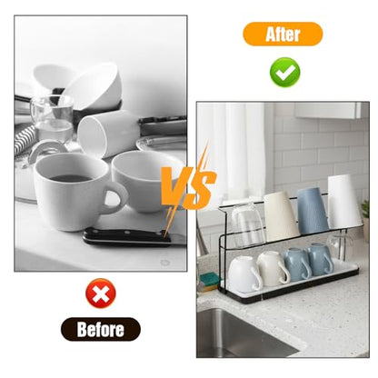 2-Tier Bottle Drying Rack Cup Cradle Storage with Drain Removable Tray Mug Organizer Over Sink Instant Dry Small Dish Dryer for Kitchen Countertop Water Bottles and Tumblers,Coffee Mugs, Glasses 15.7“