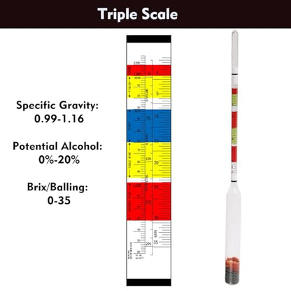 Triple Scale Hydrometer for Wine, Beer, Mead & Cider - ABV, Brix and Gravity Test Kit with Glass Test Jar Cleaning Brush Microfiber Cloth - color: Triple Scale Hydrometer Test Jar Kit