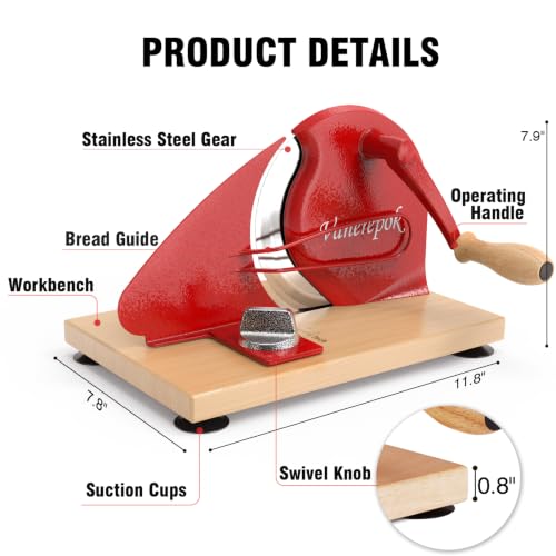 vanerepok Manual Bread Slicer Adjustable Thickness for Homemade Sourdough | Hand Crank Bread Cutter with Scale & Stable Suction Cups & Wood Base for Even Slicing Perfect Baking Gift for Home Bakers - color: Deep Red