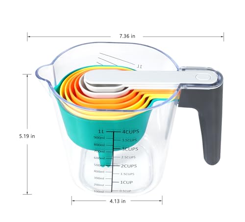 19-Pc Magnetic Measuring Cups and Spoons Set, with Lid, Rainbow | Includes 1 cover, 9 stackable cups set & 9 multicolor magnetic spoons, BPA-free & dishwasher safe, for liquid & dry baking - color: 19 Piece - Rainbow
