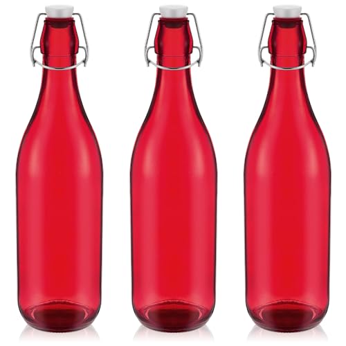 Teenyyou 3 Pcs Red Glass Bottle 1 L / 33.75 oz Decorative Bottles Red Swing Top Glass Bottles with Airtight Lid for Centerpieces Garden Decor, Bottle Tree - color: Red, size: 33.75oz