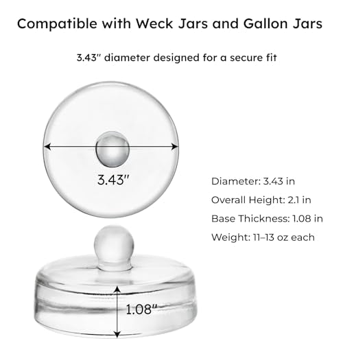 Glass Fermentation Weights Compatible with Weck Jars, Gallon Jars, 3.43" Pickle Weights with Easy-Lift Handle, Heavy 11-13 oz Glass Weights to Keep Food Below, Set of 2