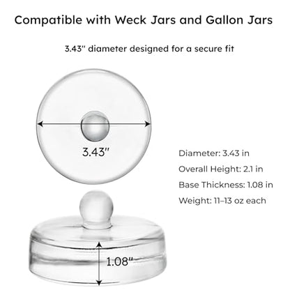 Glass Fermentation Weights Compatible with Weck Jars, Gallon Jars, 3.43" Pickle Weights with Easy-Lift Handle, Heavy 11-13 oz Glass Weights to Keep Food Below, Set of 2