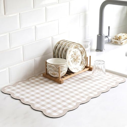Scalloped Gingham Coffee Mat 12" x 20" Absorbent Coffee Bar Mat Gingham Espresso Matt for Counter(Brown) - color: Brown