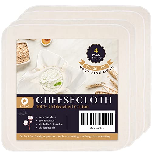 Precut Cheesecloth, 15 x 15'' 4 Pack, Grade 100, Ultra Fine Cheese Cloth for Straining & Cooking, 100% Unbleached Cotton Muslin Cloth for Making Cheese - size: 15x15'' 4 Pack