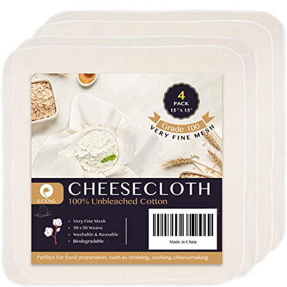 Precut Cheesecloth, 15 x 15'' 4 Pack, Grade 100, Ultra Fine Cheese Cloth for Straining & Cooking, 100% Unbleached Cotton Muslin Cloth for Making Cheese - size: 15x15'' 4 Pack