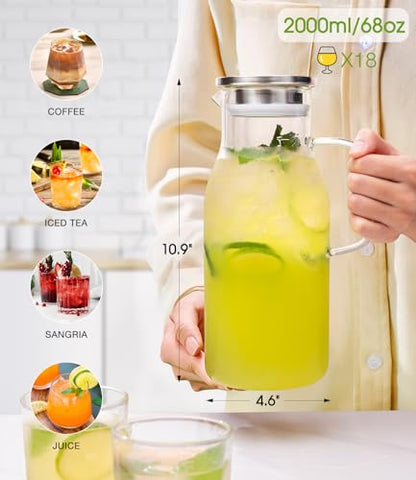 LUNA&MANTHA Glass Pitcher, 2 Liter 68oz Water Pitcher with Lid and Spout, Large Ice Tea Jug for Fridge, Thick Drink Jug with Handle for Juice, Coffee, Borosilicate Glass Carafe Hot/Cold Beverage - color: 68oz
