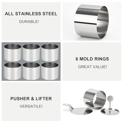 6 Pack Cake Ring Molds with 1 Pusher 1 Lifter, 3 Inch Seamless Mini Cheese Cake Cutter Ring Set, Stainless Steel Mini Food Mold for Mousse, Food Plating, Cookies, Baking (Round) - color: Round