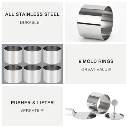 6 Pack Cake Ring Molds with 1 Pusher 1 Lifter, 3 Inch Seamless Mini Cheese Cake Cutter Ring Set, Stainless Steel Mini Food Mold for Mousse, Food Plating, Cookies, Baking (Round) - color: Round