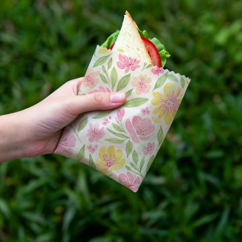 Beeswax Food Wraps, Pink Flowers and Green Leaves Wraps, 9 Pack Plastic-Free Food Storage, Sandwich, Bread, Fruit Covers, Organic, Sustainable, Zero Waste, Biodegradable, 1XL, 3M, 5S - color: Green Botanical2