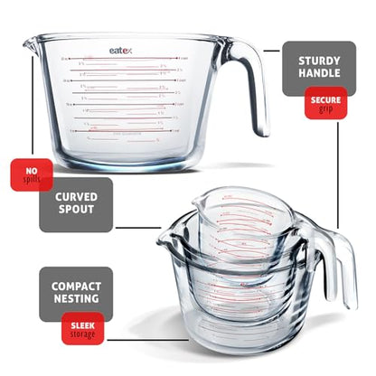 Eatex Glass Measuring Cups Set of 6 - Liquid Measuring Cups, Glass Measuring Cup Set - 1,2,4 Cup Measuring Cup - Dishwasher Oven, Microwave Safe Measure Cups - size: Set of 6