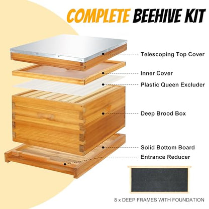 Honey Lake 8 Frame Beehive Starter Kit – Beeswax Coated Deep Beehive Box with Frames, Complete Beekeeping Kit for Beginners with Bee Smoker, Hive Tools, Brush, Gloves & Protective Veil Hat - size: 8-Frame