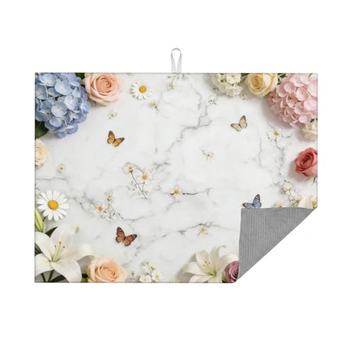 Kitchen Drying Mat for Countertop Elegant Marble Floral Butterfly Frame Non-Slip Kitchen Counter Mat for Dishes Glassware - color: White Marble