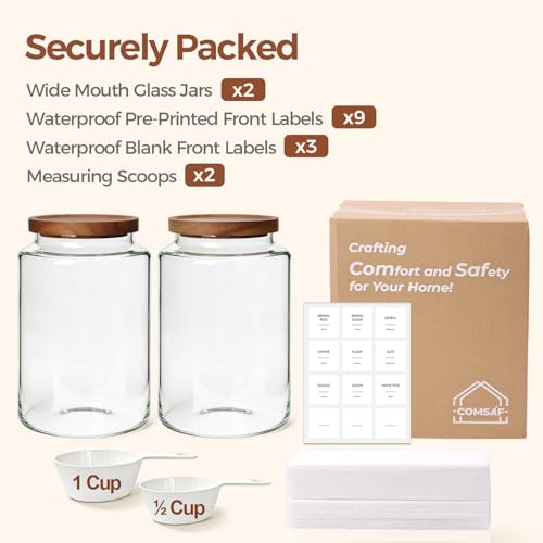 ComSaf 2Pcs (4.2Qt/1Gal) Wide-Mouth Flour Sugar Storage Containers - Include Scoops & Labels, Easy to Scoop & Airtight, Large Glass Jar for Bakers to Store Flour, Rice, and Dry Goods in Kitchen Pantry - size: 4.2Qt*2